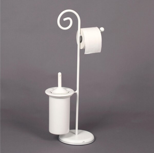 Wrought Iron Toilet Roll Holder and Brush Stand with Hedgehog Design, Dimensions 24x20xh 75 cm, Ceramic Brush Holder, Pastel White Colour