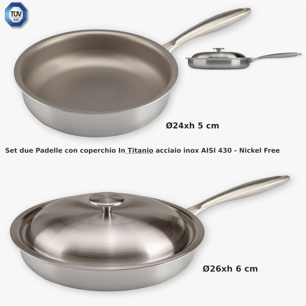 100% Titanium TRITANIA ZERO-TOXIC Frying Pans, Nickel-Free Solid Titanium Cooking Surface, 26-24 cm Diameter with Lid Included