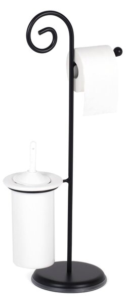 Wrought Iron Toilet Roll Holder and Brush Stand with Hedgehog Design, Ceramic Brush Holder, Matte Black, Dimensions 24x20xH 75 cm