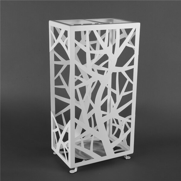 Rectangular Metal Umbrella Stand with Woven Trees and Branches Forest Design, Dimensions 30x20xH 56 cm, Two Slots, White