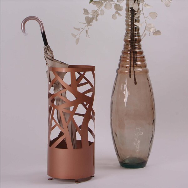 Metal Round Umbrella Stand AUTUMN Design 25xh 56 cm Laser-Cut Interwoven Branches Metallic Copper Colour