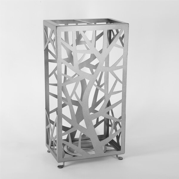 Rectangular Metal Umbrella Stand with Twisted Trees and Branches Motif, Dimensions 30x20xH 56 cm, Two Slots, CAST IRON METALLIC