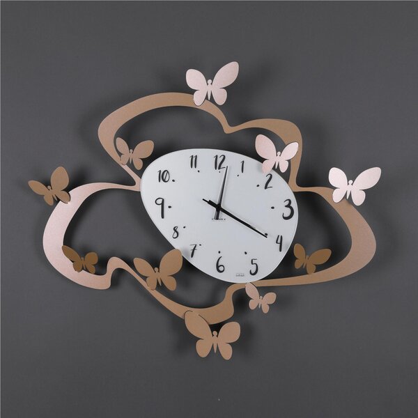 Wall Clock with Metal Structure and Glass Dial, BUTTERFLIES, Dimensions 71x61 cm, Black Hands, Featuring Embossed Butterflies in Metallic Gold