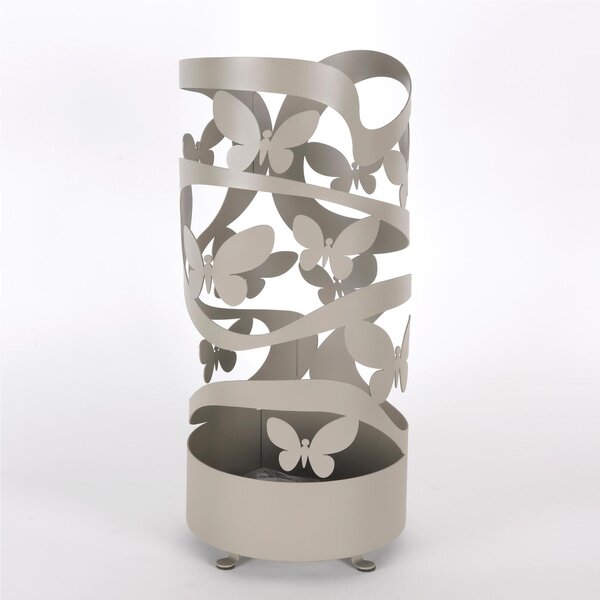 Modern Design Umbrella Stand FARFALLE Laser-Cut Metal Structure Dimensions 25x25xh 57 cm with Raised Feet and Water Collecting Tray Pastel Dove Grey Colour