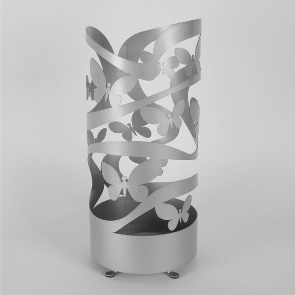 Modern Design Umbrella Stand, Laser-Cut Metal Structure BUTTERFLIES, Dimensions 25x25xh 57 cm with Raised Feet and Water Collection Tray, Metallic Silver Colour
