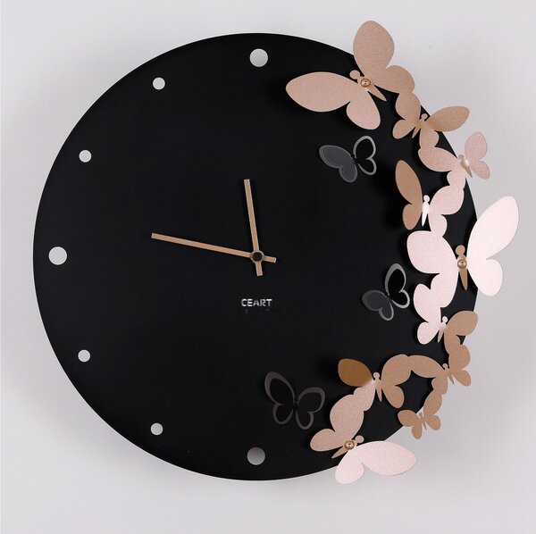 Wall Clock with Metal Structure and Dancing Butterflies, 40 cm Diameter, Black Hands, Colour Black