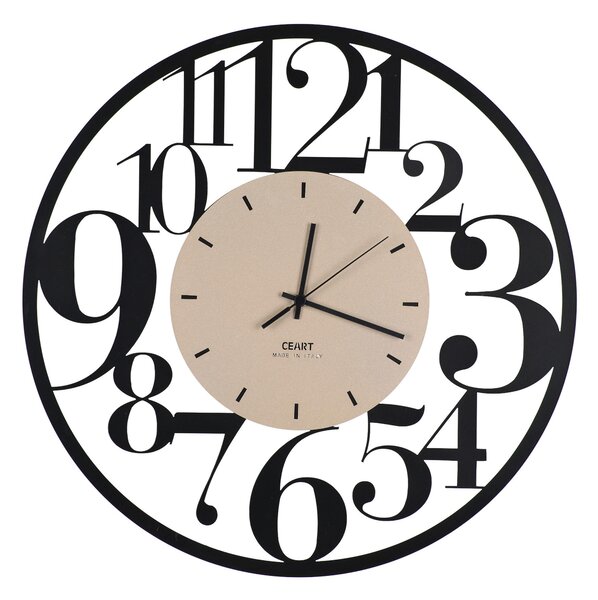 Metal Wall Clock ILENIA 60 cm with Large Metal Numbers, Pastel Gold Dial, Black Gold Metallic Colour