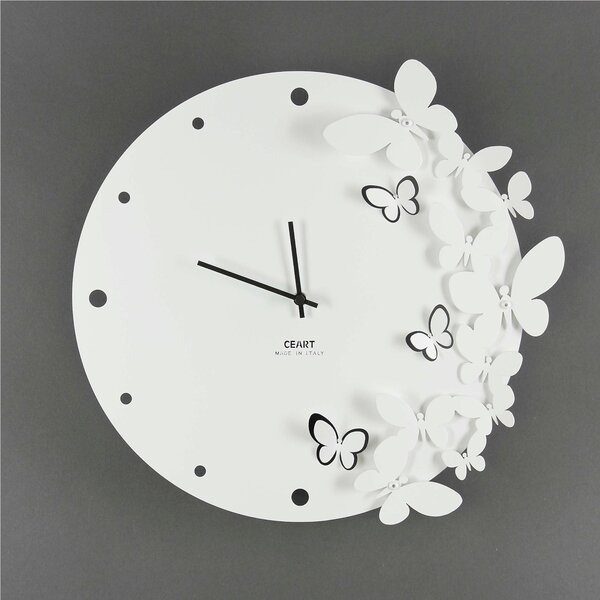 Wall Clock Metal Structure with Dancing Butterflies, 40 cm Diameter, Black Hands, White Colour