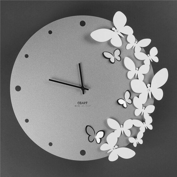 Wall Clock with Metal Structure and Dancing Butterflies, 40 cm Diameter, Black Hands, Silver Colour