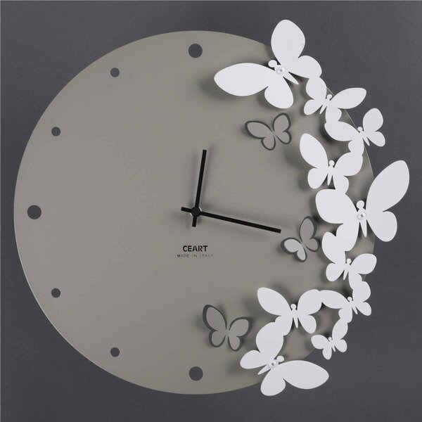 Wall Clock with Metal Structure and Dancing Butterflies, 40 cm Diameter, Black Hands, Dove Grey Colour
