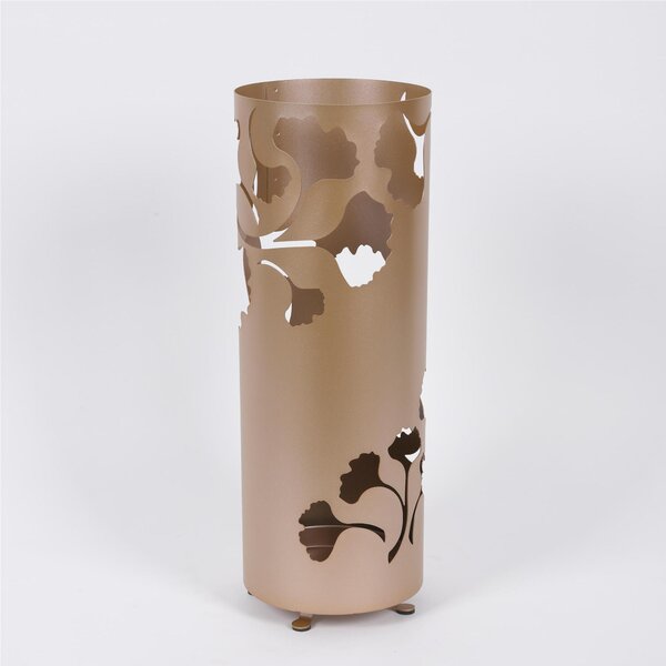 Modern Umbrella Stand GINKGO Laser-Cut Metal Structure Dimensions 20x20xH 60 cm with Raised Feet and Water Collection Tray Metallic Gold Colour