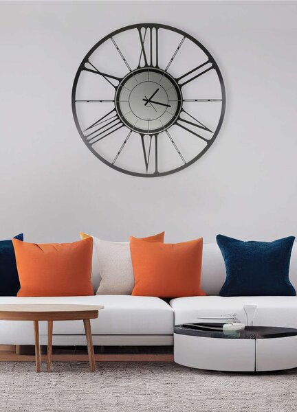 Metal Wall Clock RUOTA BIG 100 with Black Smoked Glass Mirror Dial, 100 cm, Black Hands, Roman Numerals in Matte Black Colour