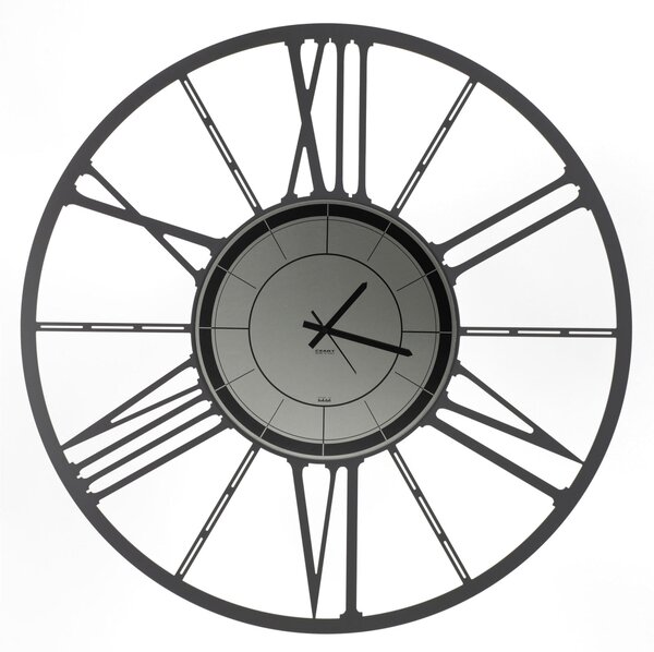 Metal Wall Clock RUOTA 80 with Black Smoked Glass Mirror Dial, Size 80 cm, Black Hands, Roman Numerals, Made in Grey Marble Colour