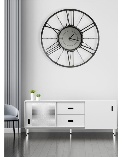 Metal Wall Clock RUOTA 80 with Black Smoked Glass Mirror Dial, 80 cm, Black Hands, Roman Numerals in Matte Black Colour
