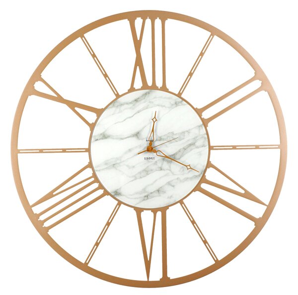 Wall Clock with Roman Numerals in Metal RUOTA SMALL Size 50xh 50 cm in CARRARA Marble with Marbled Glass Dial and Gold Metallic Gold Hands