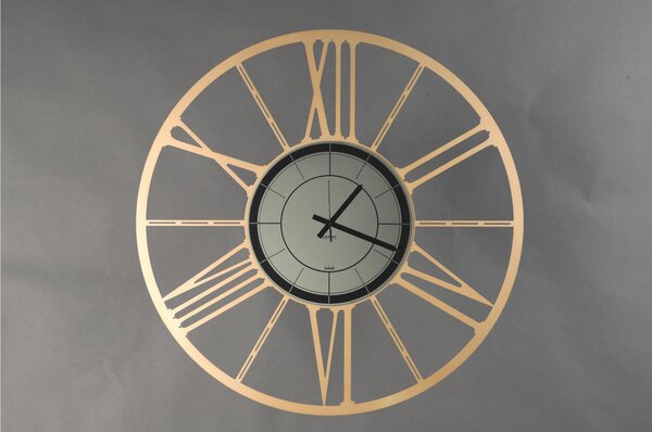 Metal Wall Clock RUOTA 80 with Black Smoked Glass Mirror Dial, Size 80 cm, Black Hands, Roman Numerals, Made in Metallic Gold Colour