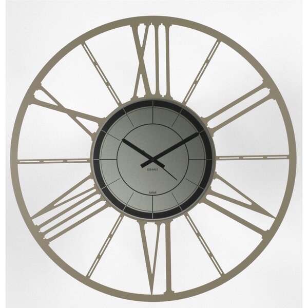 Metal Wall Clock RUOTA 80 with Black Smoked Glass Mirror Dial, 80 cm, Black Hands, Roman Numerals in Pastel Dove Grey Colour