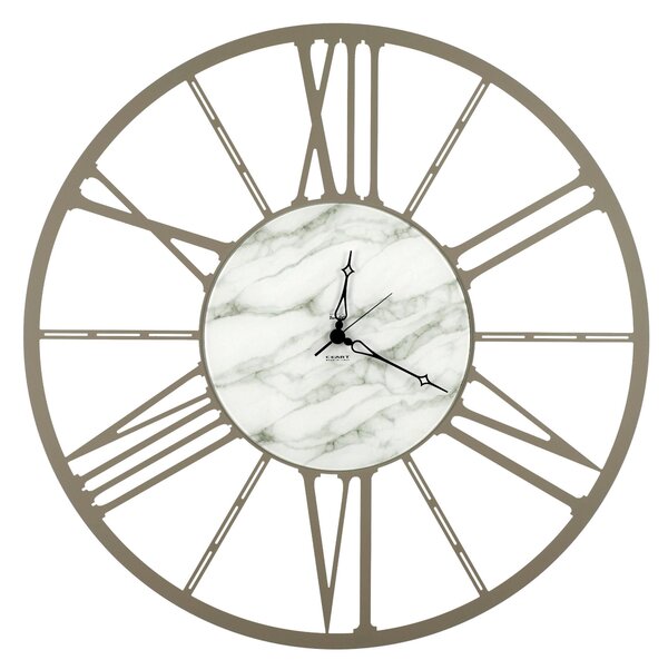 Roman Numerals Metal Wall Clock RUOTA SMAL Size 50xh 50 cm in CARRARA Marble with Marbled Glass Dial and Black Hands in Pastel Dove Grey Colour