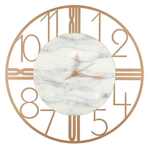 ASTRO Metal Wall Clock in Carrara Marble with Glass Dial, Size 52xh52 cm, Gold Metallic Colour with Gold Hands