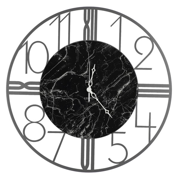 Metal Wall Clock RUOTA in Carrara Marble with Black Dial Size 52xh 52cm Silver Hands Grey Colour