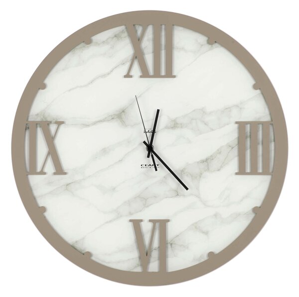 LUXUR Marbled Glass Structure with Marble Application and Marbled Glass Dial, Dimensions 45xh 45 cm, Gold Hands, Dove Grey Colour