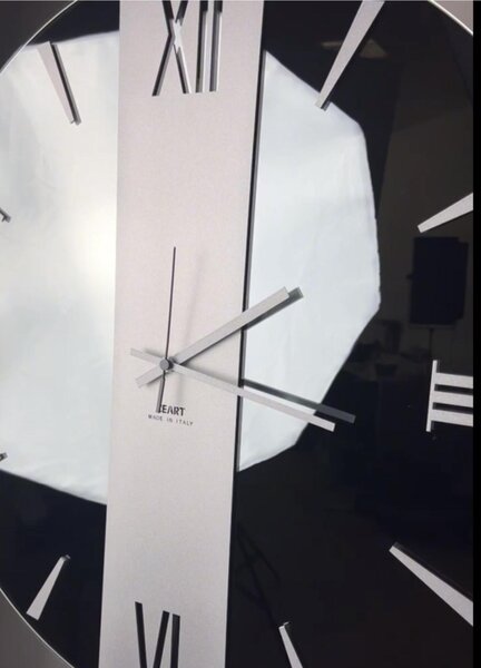 Black Smoked Glass VEGA BIG Wall Clock, 60 cm Diameter, Metal Hands, Raised Silver Numbers
