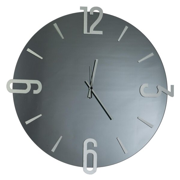 Wall Clock 60 cm Structure, Black Smoked Mirror ALFA BIG Diameter 60 cm with Metal Hands and Silver Embossed Numbers