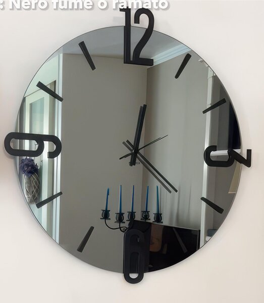 Wall Clock with Structure, Black Smoked Mirror ALFA SMALL Diameter 45 cm, Metal Hands, Raised Silver Numbers