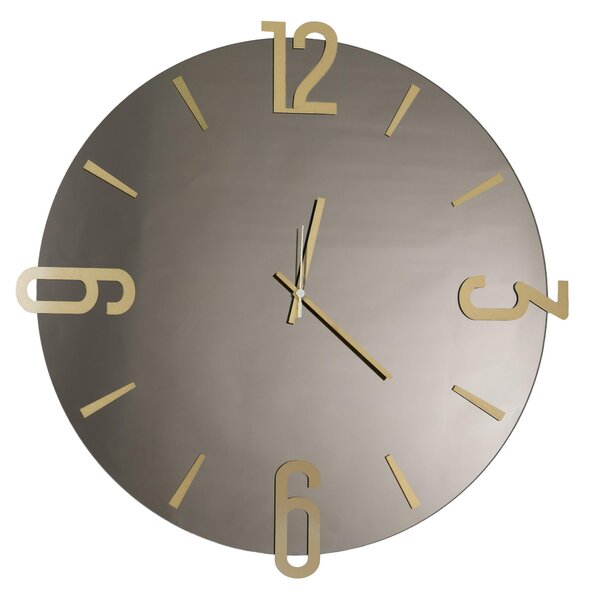 Wall Clock with Black Smoked Mirror Structure and Polished Edge Finish, 60 cm Copper Hands, Arabic Numbers in Metallic Gold