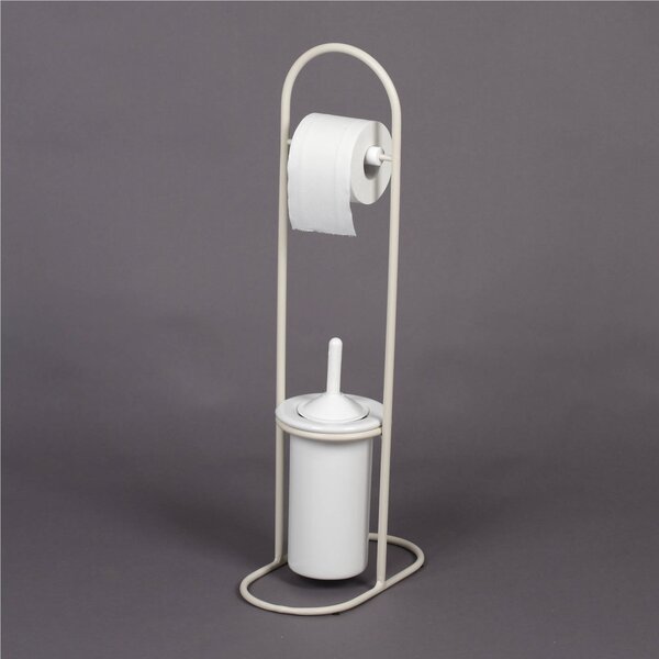 Wrought Iron Toilet Roll Holder and Brush Stand, Dimensions 38x18xh 76 cm, Ceramic Brush Holder, Pastel Ivory Cream Colour