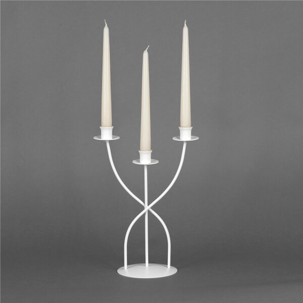 Wrought Iron Candelabra, Table or Floor, 3 Flames, Size 24x15x H 34 cm, Classic Modern Style, Pastel White