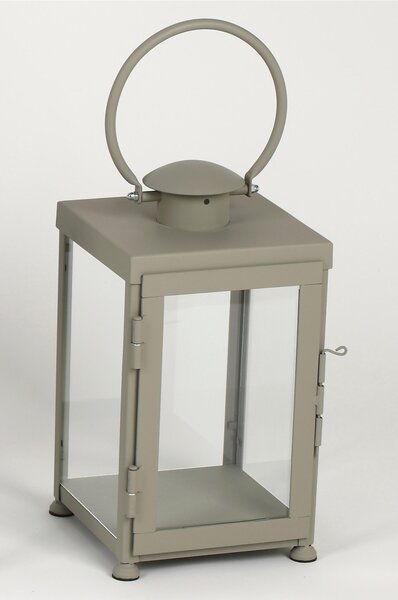 Wrought Iron Minimalist Small Flat Lantern Dimensions 25x25xh 42 cm - Suitable for Indoor and Outdoor Environments, Handcrafted in Pastel Dove Grey Colour