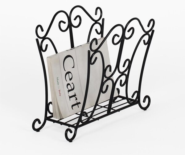 Wrought Iron Magazine Rack ROMANTICO Model with Curls, Size 46x25xH 39 cm, Classic Style, Matte Black Colour