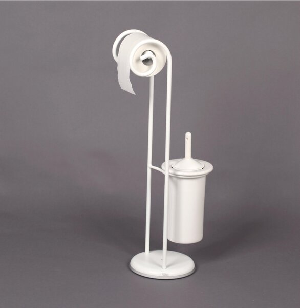 Wrought Iron Toilet Roll Holder and Brush Holder with Two Curls, Dimensions 24x20xh 75 cm, White Pastel Ceramic Brush Holder