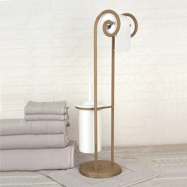 Wrought Iron Toilet Roll Holder and Brush Stand with Two Curls, Dimensions 24x20xH 75 cm, Ceramic Brush Holder, Metallic Gold Colour
