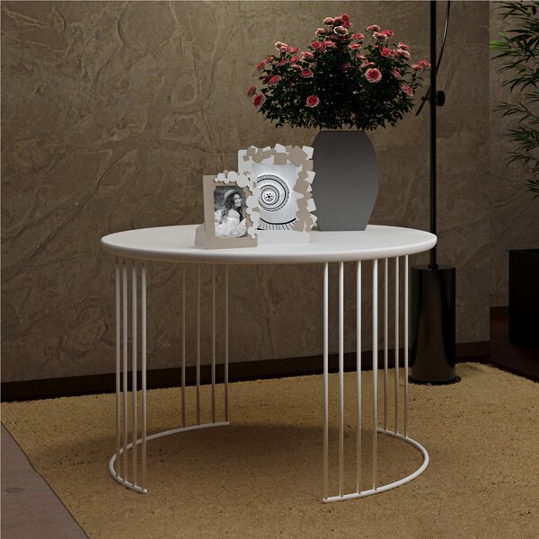 Round Metal Coffee Table, Dimensions 69x69xh 49 cm, Legs Structured in 2 Separate Elements Each Made of 8 Vertical White Pastel Metal Slats