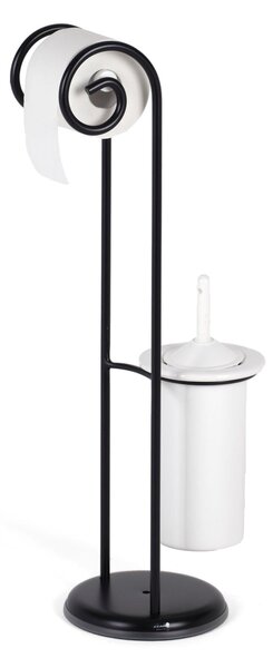 Wrought Iron Toilet Roll Holder and Brush Stand with Two Curls, Size 24x20xh 75 cm, Ceramic Brush Holder, Matte Black