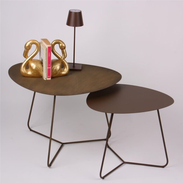 Oval Coffee Tables Set BIG and SMALL MOD.STONE, Sizes 66x72x49 cm - 54x48x44 cm, Modern Design, Burnished Brass, Bronze Corten