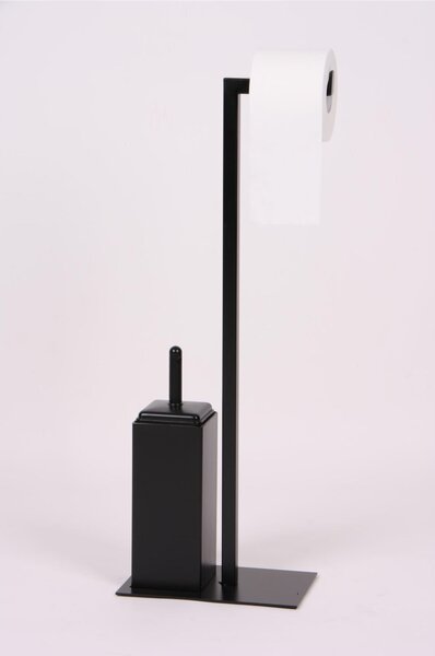 Wrought Iron Toilet Roll Holder and Brush Stand with Hedgehog Design, Ceramic Brush Holder, Matte Black, Dimensions 27.5x15.5xH 72 cm