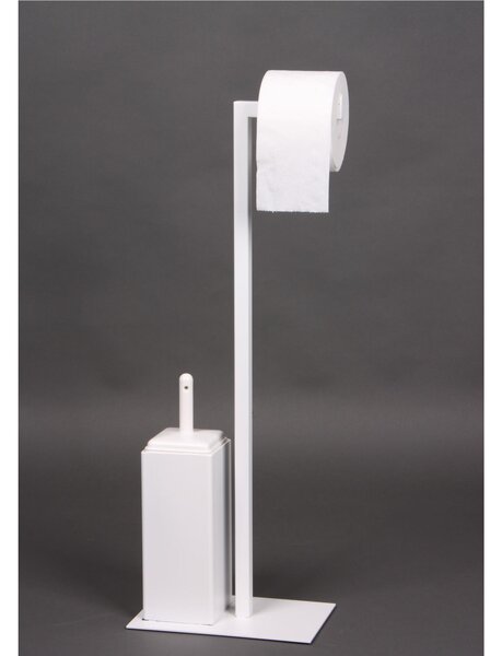 Wrought Iron Toilet Roll Holder and Brush Stand with Hedgehog Design, Dimensions 27.5x15.5xh 72 cm, Ceramic Brush Holder, Pastel White Colour