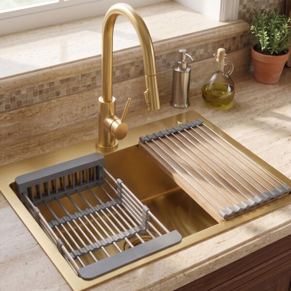 Steel sink with 3-piece accessory set REA Liam Brush Gold