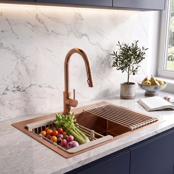 Steel sink with 3-piece accessory set REA Liam Brush Copper