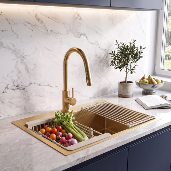 Steel sink with 3-piece accessory set REA Liam Brush Gold