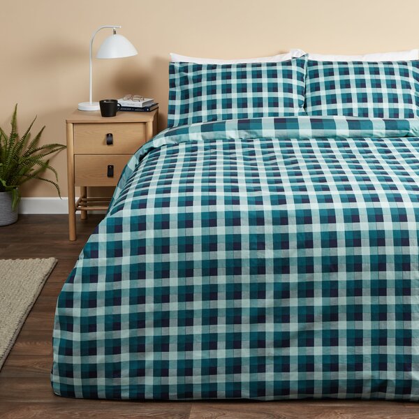 Mila Checked Blue Duvet Cover and Pillowcase Set Blue/Green