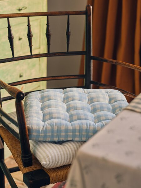 Warm Blue Gingham Linen Blend Seat Pad | 40 x 40cm | Piglet in Bed