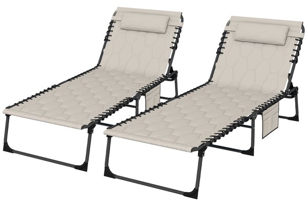 Outsunny Foldable Sun Lounger Set with 5-level Reclining Back, Outdoor Tanning Chairs with Build-in Padded Seat, Sun Loungers w/ Side Pocket