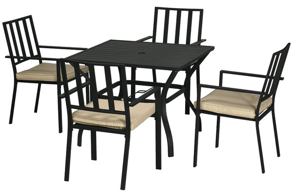 Outsunny 5-Piece Outdoor Dining Set with Cushions, Metal Table & 4 Stackable Chairs, Umbrella Hole, Black