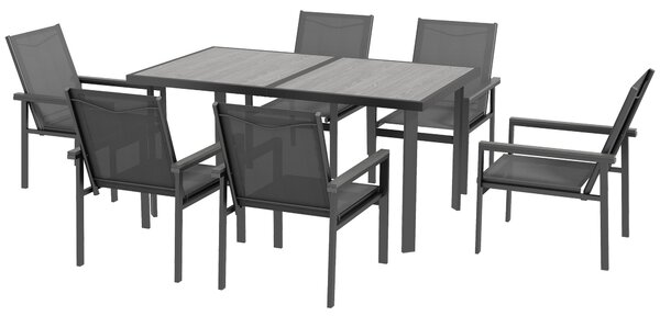 Outsunny 7 Pieces Garden Dining Set with Glass Top Dining Table, Outdoor Table and 6 Armchairs with Breathable Mesh Fabric Seats and Backrest, Wood-plastic Composite Armrests Top, Grey