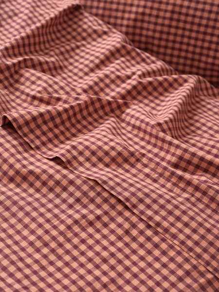 Fig & Blush Pink Gingham Washed Cotton Percale Flat Sheet | Single | Piglet in Bed