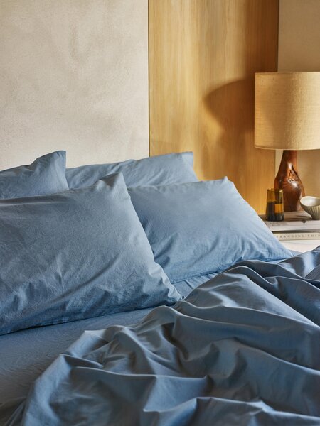 Cove Blue Washed Cotton Percale Pillowcases (Pair) | Super King | Piglet in Bed